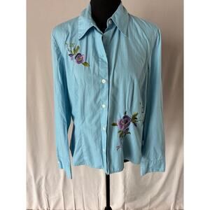 Vintage Embroidered Button Down Blouse Medium Blue Nine West